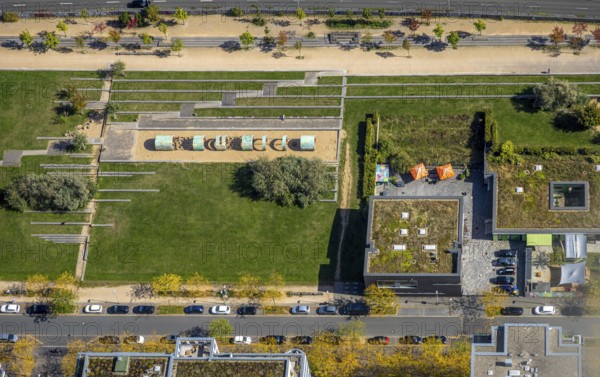 Aerial view, children's playground in Maurice-Ravel-Park, Marc-Chagall-Straße, Pempelfort, Düsseldorf, Ruhr area, North Rhine-Westphalia, Germany, DE, Europe, aerial view, aerial photography, aerial photography, overview, bird's-eye view, overview