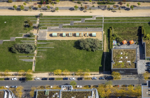 Aerial view, children's playground in Maurice-Ravel-Park, Marc-Chagall-Straße, Pempelfort, Düsseldorf, Ruhr area, North Rhine-Westphalia, Germany, DE, Europe, aerial view, aerial photography, aerial photography, overview, bird's-eye view, overview