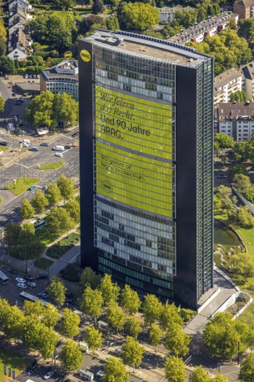 Aerial view, ARAG high-rise office building, slogan We celebrate the law and 90 years of ARAG, Düsseltal, Düsseldorf, Ruhr area, North Rhine-Westphalia, Germany, DE, Europe, commercial enterprise, commercial space, commercial area, commercial property, commercial location, commercial use, aerial photograph, aerial photography, aerial photography, overview, bird's-eye view, overview