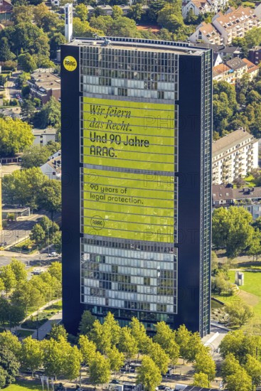 Aerial view, ARAG high-rise office building, slogan We celebrate the law and 90 years of ARAG, Düsseltal, Düsseldorf, Ruhr area, North Rhine-Westphalia, Germany, DE, Europe, commercial enterprise, commercial space, commercial area, commercial property, commercial location, commercial use, aerial photograph, aerial photography, aerial photography, overview, bird's-eye view, overview