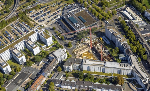 Aerial view, Hotel NH Düsseldorf City Nord, construction site and new Fishman Tower, Mercedes-Benz Rhein-Ruhr Mercedesstraße branch, Düsseltal, Düsseldorf, Ruhr area, North Rhine-Westphalia, Germany, construction work, construction area, construction site, building plots, construction project, construction site, DE, Europe, aerial view, aerial photography, aerial photography, new building, overview, bird's-eye view, overview