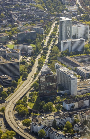 Aerial view, Kennedydamm hotels and office district, Sky Office, Federal Employment Agency, Hilton Hotel, Golzheim, Düsseldorf, Ruhr area, North Rhine-Westphalia, Germany, DE, Europe, commercial enterprise, commercial space, commercial area, commercial property, commercial location, commercial use, aerial photograph, aerial photography, aerial photography, overview, bird's-eye view, overview