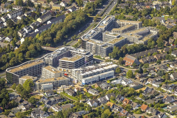Aerial view, construction site with new residential complex Deiker Höfe, Stockum, Düsseldorf, Ruhr area, North Rhine-Westphalia, Germany, construction work, construction area, building site, building plots, construction project, construction site, DE, Europe, aerial view, aerial photography, aerial photography, overview, bird's-eye view, overview