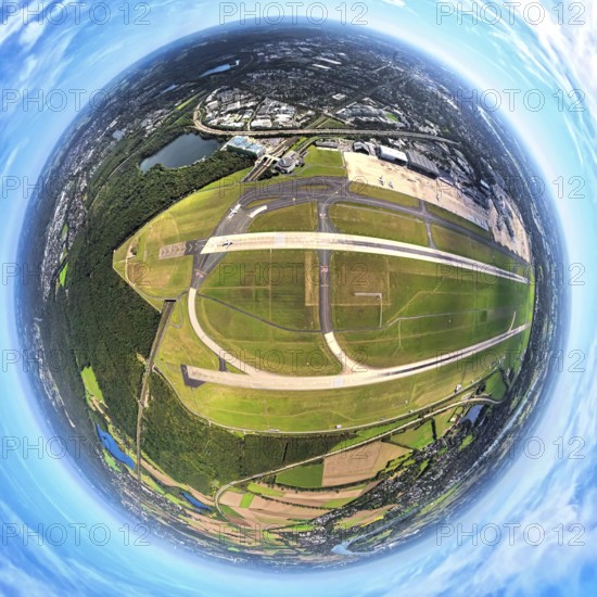 Aerial photo, DUS Airport Düsseldorf Airport with runway and landing strip, globe, fisheye image, 360 degree image, tiny world, little planet, fisheye image, Lohausen, Düsseldorf, Ruhr area, North Rhine-Westphalia, Germany, DE, Europe, fisheye lens, fisheye lens, flight mission, airport, aircraft noise, airfield, runway, little planet, aerial photography, aerial photography, aerial photography, runway, super wide angle lens, tiny world, overview, bird's eye view, globe, birds-eyes view, fisheye lens, insta360 camera, overview