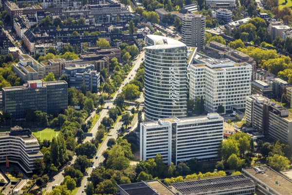 Aerial view, Kennedydamm, office district, Sky Office, Federal Employment Agency, Golzheim, Düsseldorf, Ruhr area, North Rhine-Westphalia, Germany, DE, Europe, commercial enterprise, commercial space, commercial area, commercial property, commercial location, commercial use, aerial photograph, aerial photography, aerial photography, overview, bird's-eye view, overview