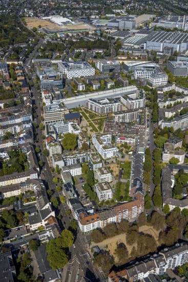 Aerial view, new residential area and office space, Ulmenstraße urban quarter, former Düsseldorf prison site, Derendorf, Düsseldorf, Ruhr area, North Rhine-Westphalia, Germany, DE, Europe, property tax, real estate, aerial view, aerial photography, aerial photography, overview, bird's eye view, residential complex, living and living, residential area, residential quality, residential quarter, housing estate, residential district, bird's eye view, overview