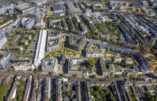 Aerial view, new residential area and office space, Ulmenstraße urban quarter, former Düsseldorf prison site, Derendorf, Düsseldorf, Ruhr area, North Rhine-Westphalia, Germany, DE, Europe, property tax, real estate, aerial view, aerial photography, aerial photography, overview, bird's eye view, residential complex, living and living, residential area, residential quality, residential quarter, housing estate, residential district, bird's eye view, overview