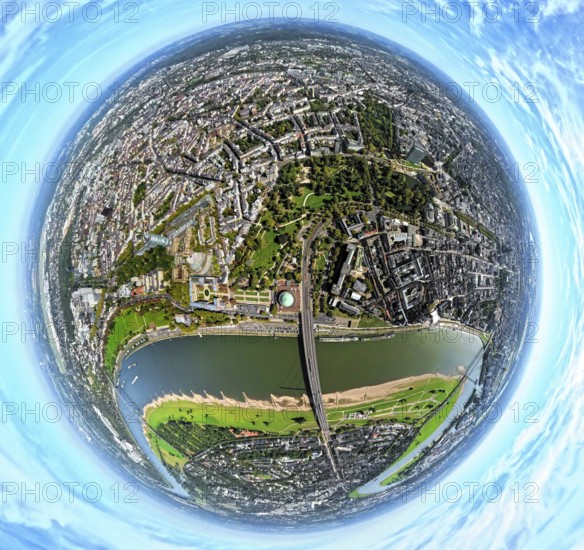 Aerial view, river Rhine with Tonhalle at the Rhine promenade Oberkasseler Brücke, North Rhine-Westphalia Forum Ehrenhof, globe, fisheye image, fisheye image, 360 degree image, tiny world, little planet, fisheye image, old town, Düsseldorf, Ruhr area, North Rhine-Westphalia, Germany, DE, Europe, fisheye lens, fisheye lens, Little Planet, aerial view, aerial photography, aerial photography, super wide angle lens, Tiny World, overview, bird's eye view, globe, birds-eyes view, fisheye lens, insta360 camera, overview
