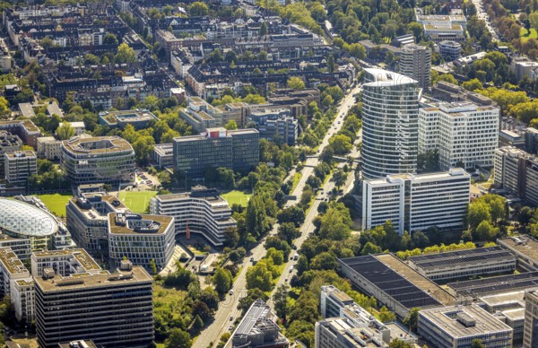 Aerial view, Kennedydamm, office district, Sky Office, Federal Employment Agency, Golzheim, Düsseldorf, Ruhr area, North Rhine-Westphalia, Germany, DE, Europe, commercial enterprise, commercial space, commercial area, commercial property, commercial location, commercial use, aerial photograph, aerial photography, aerial photography, overview, bird's-eye view, overview