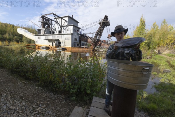 Old gold mine, demonstration of gold panning, Fairbanks, Alaska, USA