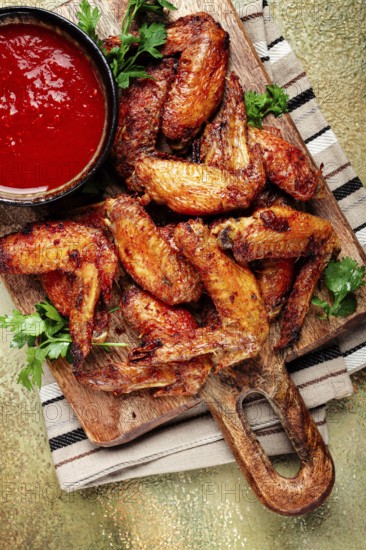 Fried in the oven, chicken wings, with spices, tomato sauce, on a cutting board, gray background, no people, homemade