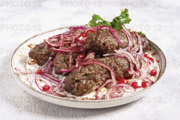 Grilled kebabs topped with onions and pomegranate on a white plate in a bright kitchen setting