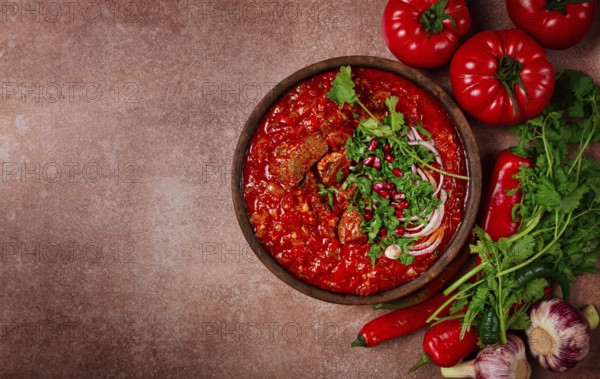 Chashushuli, a traditional Georgian dish, spicy, stewed meat with tomatoes and spices, homemade, no people