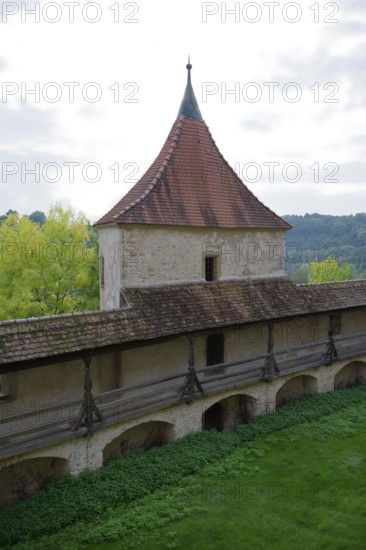 Medieval battlements at Comburg Castle, Benedictine monastery, Way of St James, pilgrimage route, pilgrims, Schwäbisch Hall, Hohenlohe, Germany