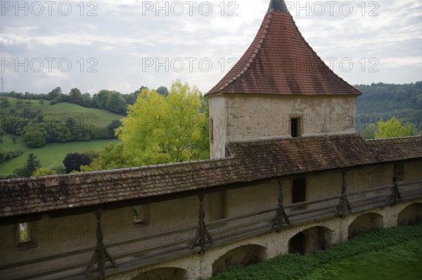 Medieval battlements at Comburg Castle, Benedictine monastery, Way of St James, pilgrimage route, pilgrims, Schwäbisch Hall, Hohenlohe, Germany