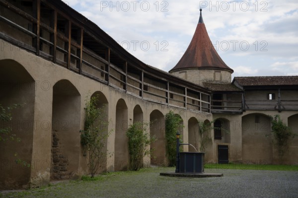Medieval battlements at Comburg Castle, Benedictine monastery, Way of St James, pilgrimage route, pilgrims, Schwäbisch Hall, Hohenlohe, Germany