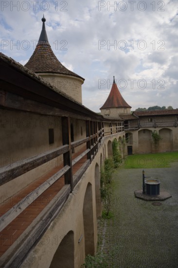 Medieval battlements at Comburg Castle, Benedictine monastery, Way of St James, pilgrimage route, pilgrims, Schwäbisch Hall, Hohenlohe, Germany