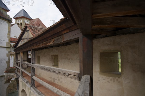 Medieval battlements at Comburg Castle, Benedictine monastery, Way of St James, pilgrimage route, pilgrims, Schwäbisch Hall, Hohenlohe, Germany