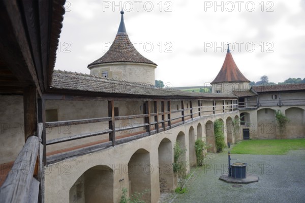 Medieval battlements at Comburg Castle, Benedictine monastery, Way of St James, pilgrimage route, pilgrims, Schwäbisch Hall, Hohenlohe, Germany