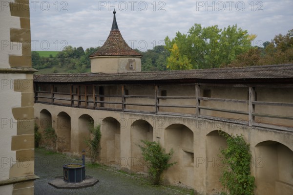 Medieval battlements at Comburg Castle, Benedictine monastery, Way of St James, pilgrimage route, pilgrims, Schwäbisch Hall, Hohenlohe, Germany