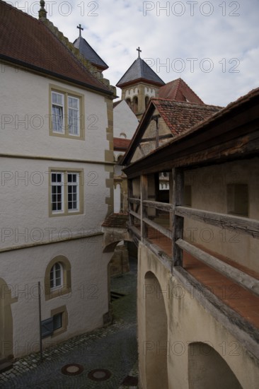 Medieval battlements at Comburg Castle, Benedictine monastery, Way of St James, pilgrimage route, pilgrims, Schwäbisch Hall, Hohenlohe, Germany