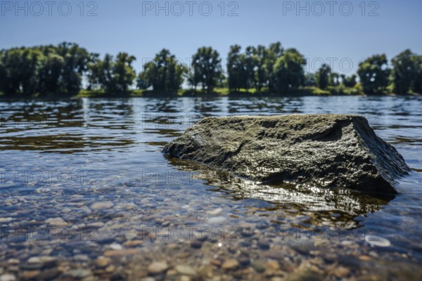 A large stone protrudes from the calm waters of a river. It is a clear, sunny day. In the background, green trees stand on the bank, adding to the peaceful scene. Bogen, Lower Bavaria