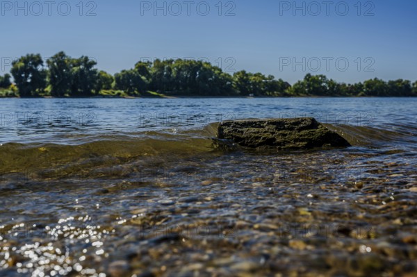 The picture shows a calm river with clear water and flat stones on the bank. The sun shines on the surface and nature is green and lush in the background. Bogen, Lower Bavaria