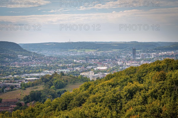 Urban landscape of Jena with forests, under an expansive sky, Jena, Thuringia, Germany