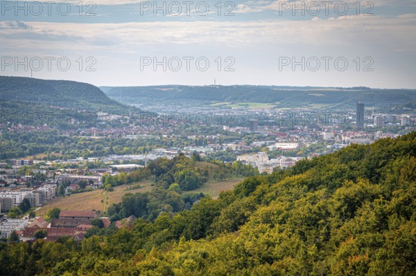 View of the city of Jena and mountains in the background from a wooded hill, Jena, Thuringia, Germany