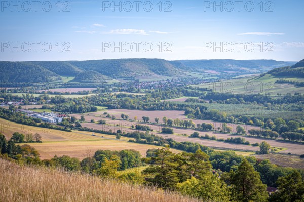Wide landscape with fields and hills under a blue sky, Jena, Thuringia, Germany