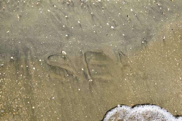 The inscription of the sea on the sand. Coastal sand and waves. Taman, Krasnodar Krai, Russia