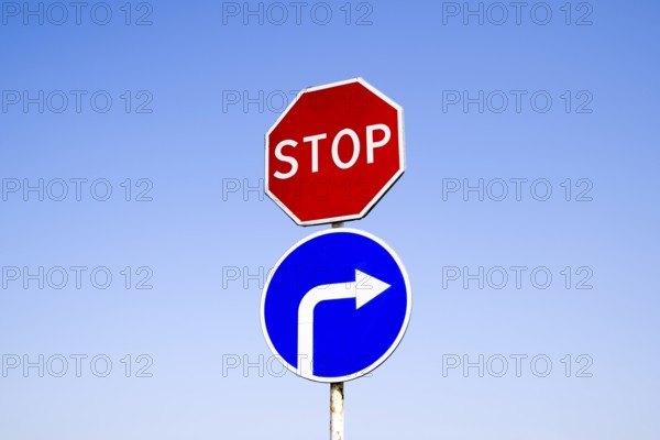 The road sign is stop. sign turn right. Krasnodar, Russia