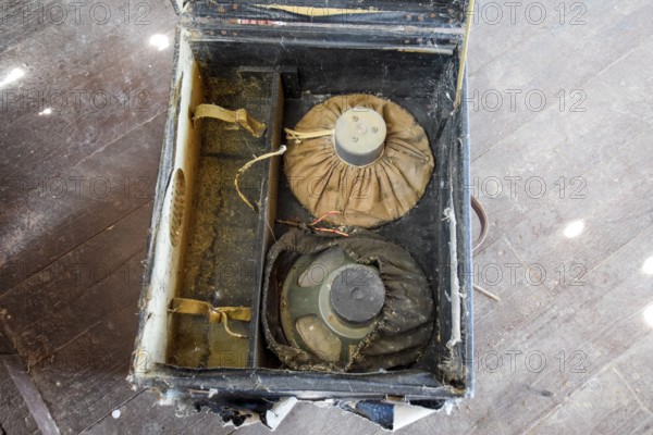 Box of a suitcase with old speakers. Taman, Krasnodar Krai, Russia