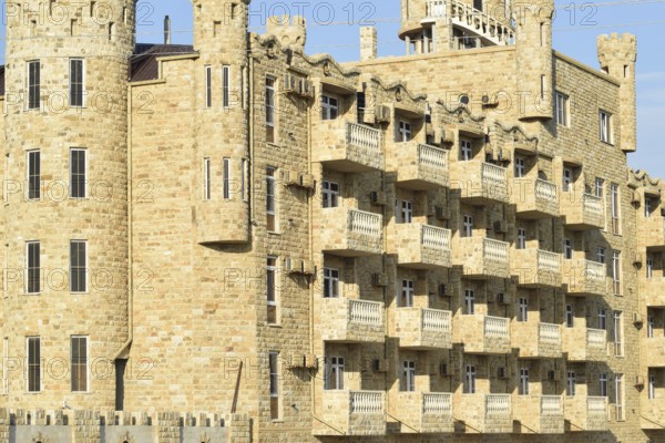 The hotel building, covered with decorative stone. Golubitskaya, Russia