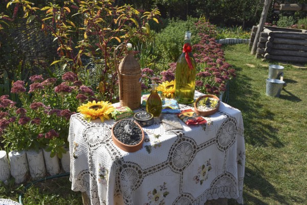 An improvised table with moonshine and sunflower seeds. Snack for vodka. Taman, Krasnodar Krai, Russia