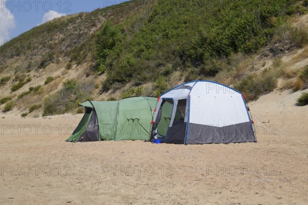 Tourist tent on the sand. Golubitskaya, Russia