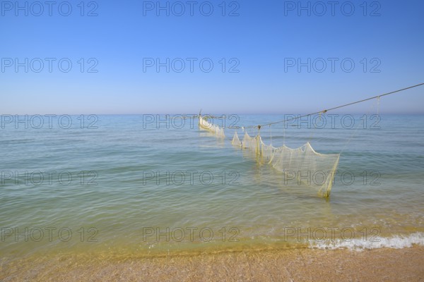 Fishing nets set in the sea. Golubitskaya, Russia