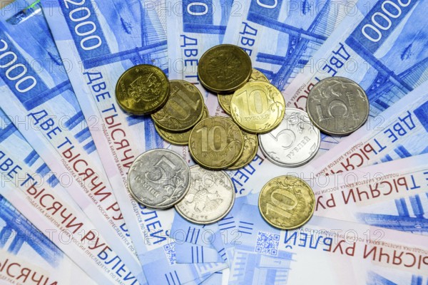 Russian banknotes and coins. Krasnodar, Russia