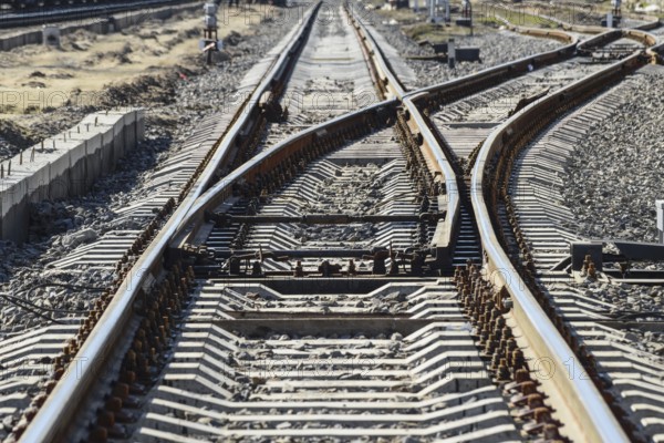 Railroad tracks at the train station. Atyrau, Kazakhstan