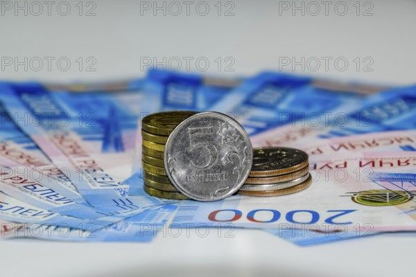 Russian banknotes and coins. Krasnodar, Russia