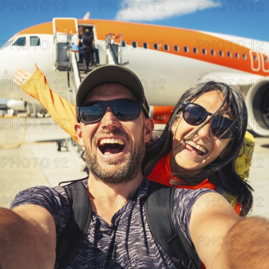 Happy couple of tourists boarding outside to plane at the airport - Happy man and woman having happy summer vacation together - Transportation and holidays