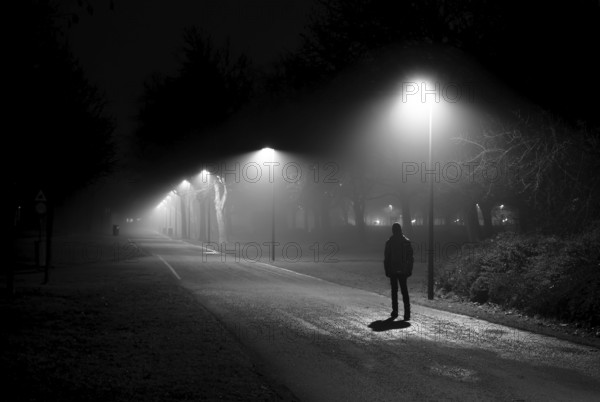 Silhouette Of A Single Person Walking on Illuminated Foggy Street With Street-Lanterns in the Dark Night In Vienna, Austria