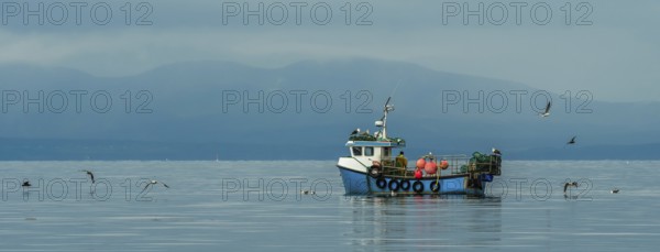 Small Fishing Boat With Lobster Pods And Seagulls On Calm Atlantic In Front Of The Hebride Islands In Scotland, United Kingdom