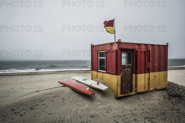 Lifeguard Station And Surfboards At Windy Brittas Bay At The Atlantic Coast in Ireland