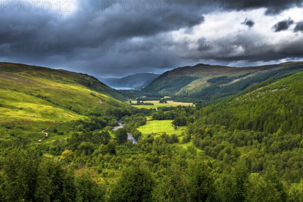 Corrieshalloch Gorge National Nature Reserve With River Through Pasture Valley And Loch Broom In Scotland, United Kingdom