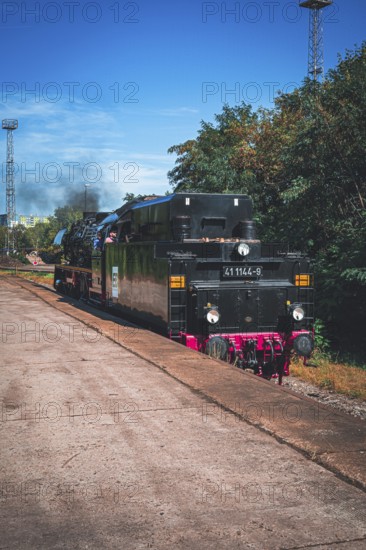 An old steam locomotive stands on the tracks next to an overgrown platform under a blue sky, Gera, Thuringia, Germany