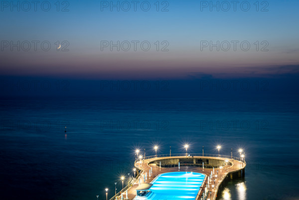 Black sea. Shekvetili. Georgia. Paragrapgh five star hotel pool view with calming sea side horizon in the background in blue hour