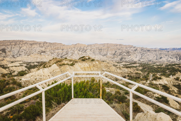 Viewpoint platform with no people and tourist in Vashlovani national park. Rock formations in Georgia. Mijniskure spot