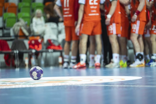 The ball on the court during a break of the handball match. Lubin, Poland