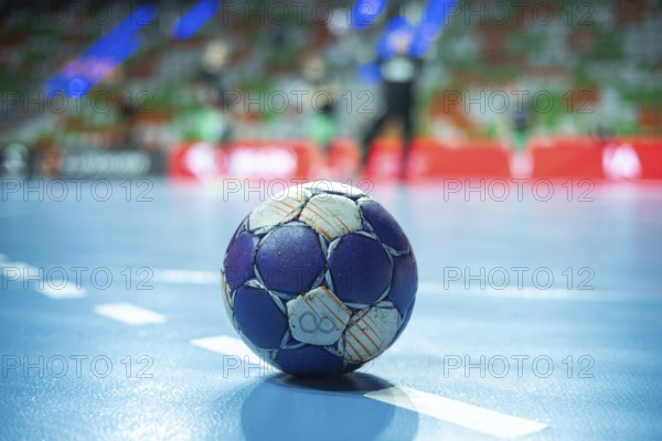Handball, a ball laying on the 9 meters dotted line. Lubin, Poland